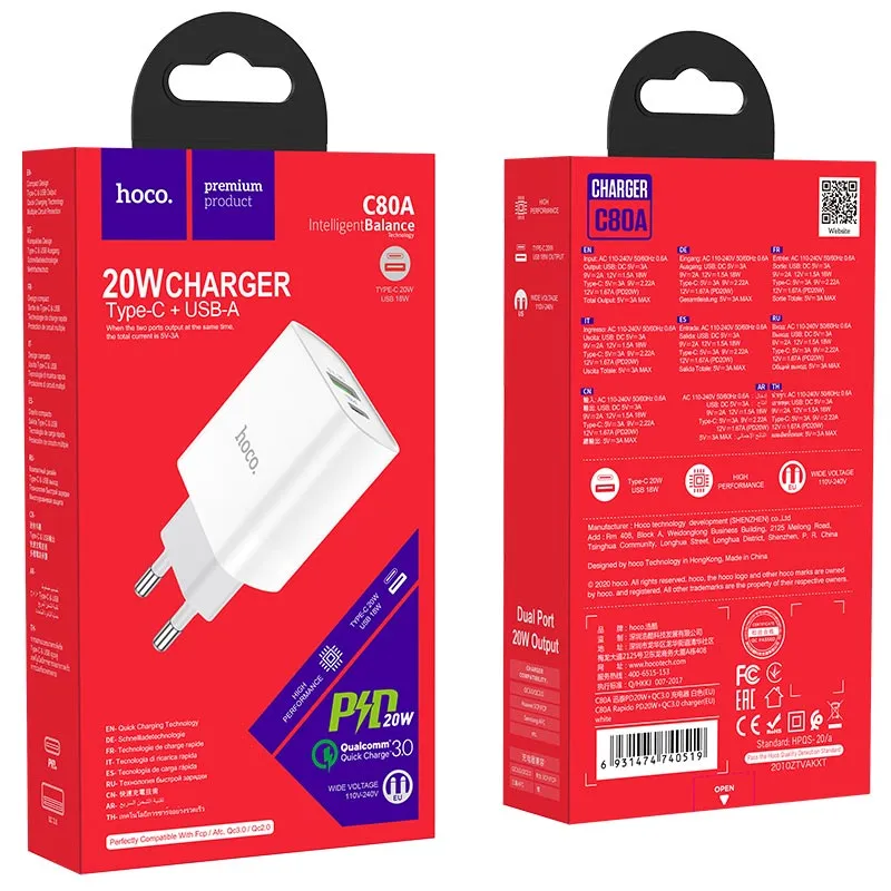 HOCO 20W CHARGER USB + TYPE-C
